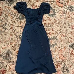 Midnight Blue Satin Puff-Sleeve Midi Dress